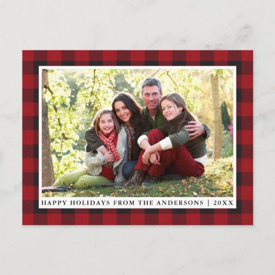 Rustic Red Plaid Family Photo Happy Holidays Postcard | Zazzle.com