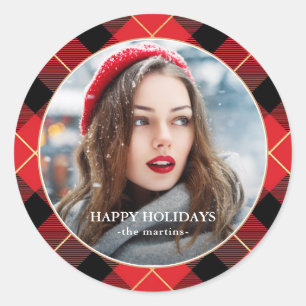 Rustic Red Plaid Faux Gold Photo Christmas Holiday Classic Round Sticker