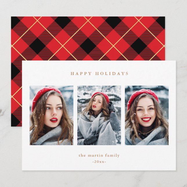 Rustic Red Plaid Faux Gold Three Photo Christmas Holiday Card (Front/Back)
