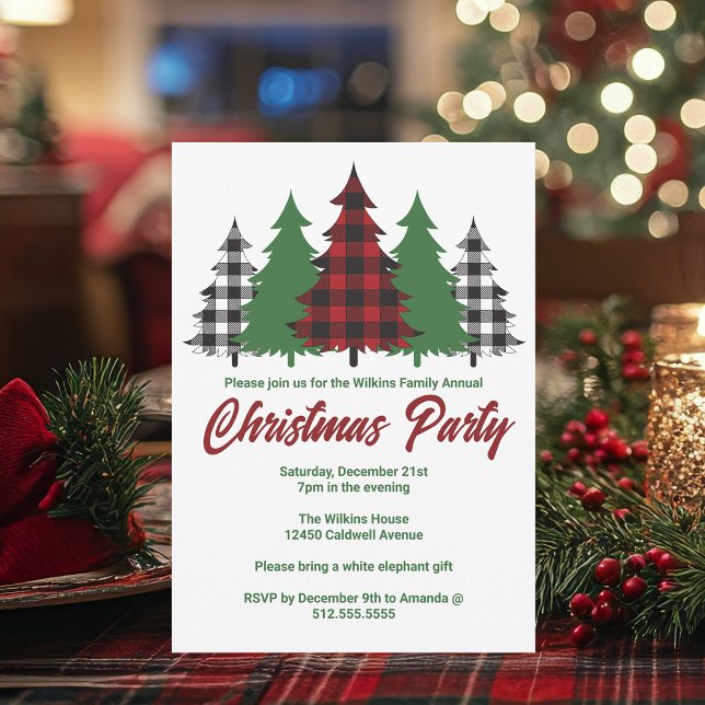 Rustic Red Plaid Green Trees Christmas Party Invitation (Creator Uploaded)