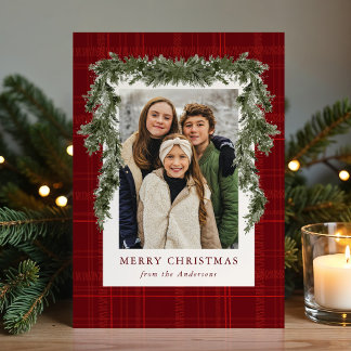Rustic Red Plaid Greenery Christmas 4 Photo Holiday Card