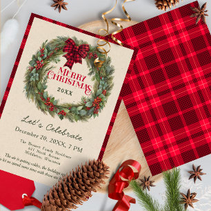 Rustic Red Plaid Greenery Farmhouse Christmas Invitation