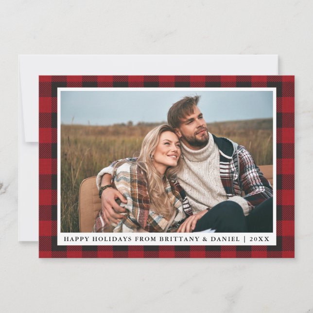 Rustic Red Plaid Happy Holidays Couple Photo Holiday Card (Front)