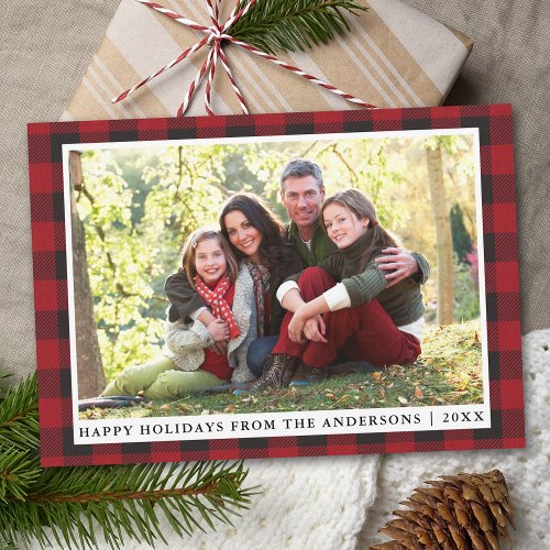 Rustic Red Plaid Happy Holidays Family Photo Holiday Card