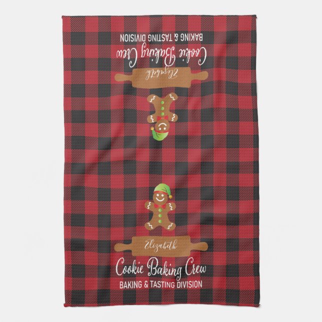 Rustic Red Plaid Holiday Baking Monogrammed Kitchen Towel (Vertical)