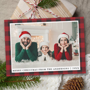 Rustic Red Plaid Merry Christmas Family Photo Holiday Card