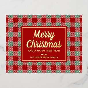 Rustic Red Plaid Merry Christmas Gold Foil Holiday Postcard