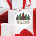 Rustic Red Plaid Merry Christmas Happy New Year Classic Round Sticker<br><div class="desc">This rustic holiday sticker features trendy red plaid and green Christmas trees above your message Merry Christmas and Happy New Year. A cute and traditional look that is currently in style again,  these festive gift stickers are perfect for a family who likes a classic and nostalgic design.</div>