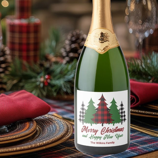 Rustic Red Plaid Merry Christmas Happy New Year Sparkling Wine Label (Creator Uploaded)
