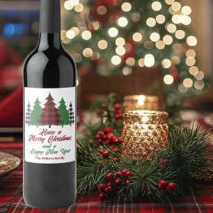 Rustic Red Plaid Merry Christmas Happy New Year Wine Label