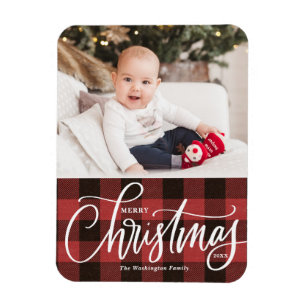 Rustic Red Plaid Merry Christmas Photo Magnet