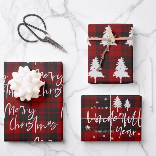 Rustic Red Plaid Merry Christmas Quote Gift Wrapping Paper Sheets