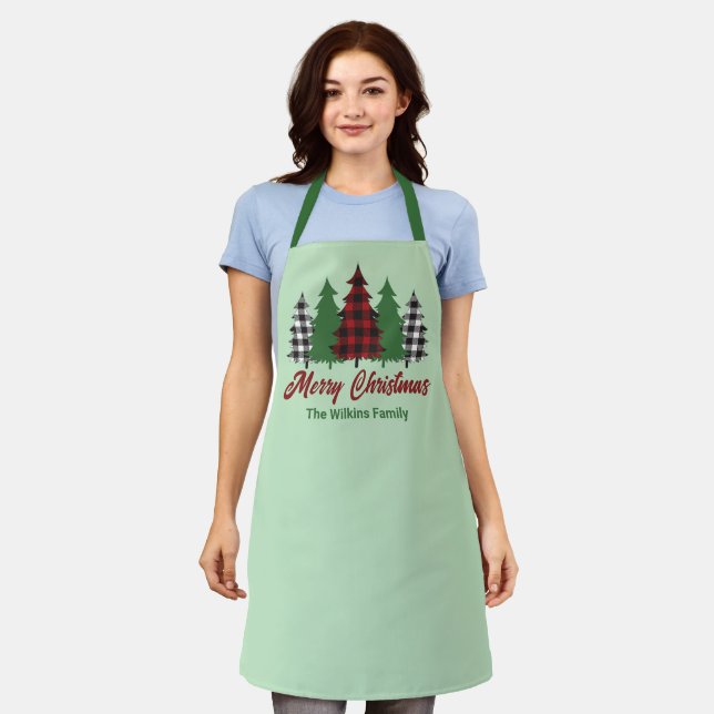 Rustic Red Plaid Merry Christmas Trees Custom Apron (Worn)