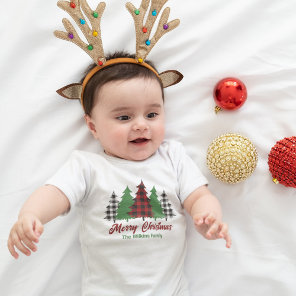 Rustic Red Plaid Merry Christmas Trees Custom Baby Bodysuit