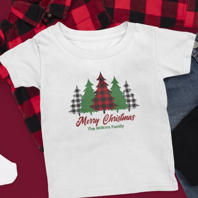 Rustic Red Plaid Merry Christmas Trees Custom Baby T-Shirt (Creator Uploaded)