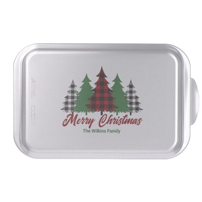 Rustic Red Plaid Merry Christmas Trees Custom Cake Pan (Front)