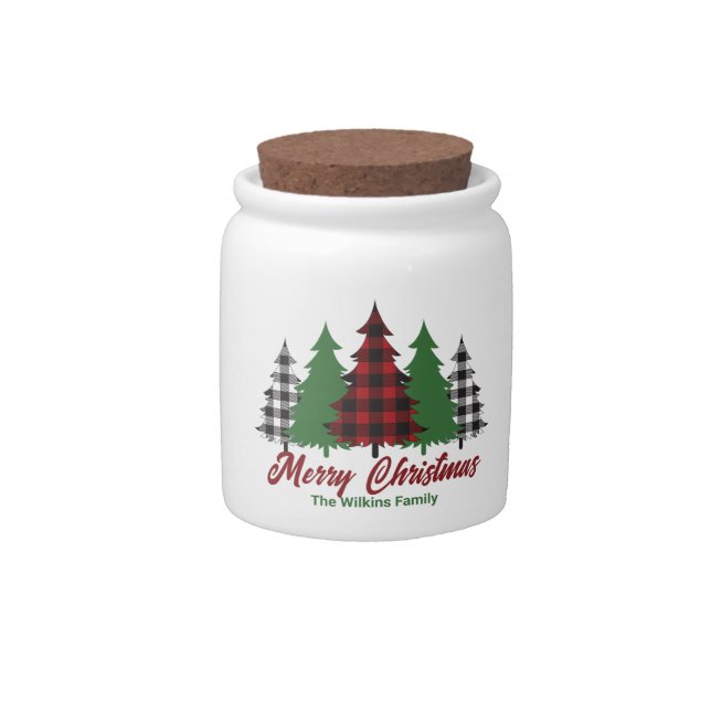 Rustic Red Plaid Merry Christmas Trees Custom Candy Jar (Front)