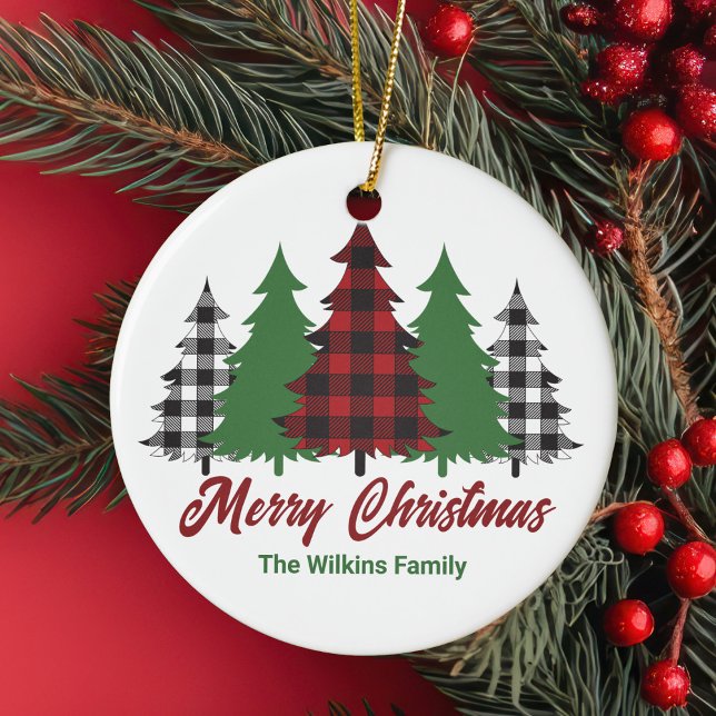 Rustic Red Plaid Merry Christmas Trees Custom Ceramic Ornament (Creator Uploaded)