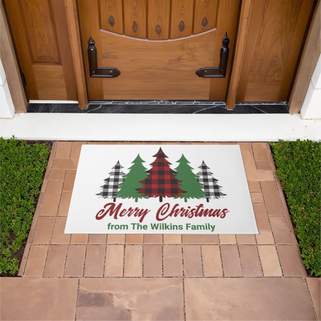Rustic Red Plaid Merry Christmas Trees Custom Doormat (Outdoor)