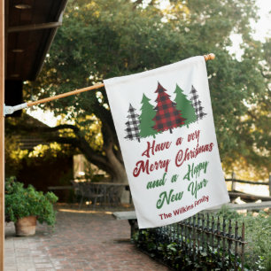 Rustic Red Plaid Merry Christmas Trees Custom House Flag