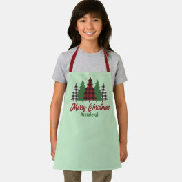 Rustic Red Plaid Merry Christmas Trees Custom Kids Apron