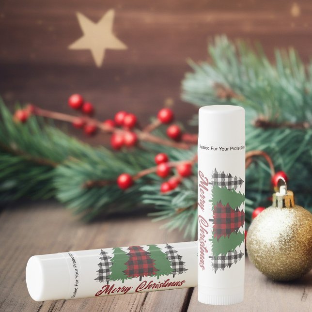 Rustic Red Plaid Merry Christmas Trees Custom Lip Balm (Creator Uploaded)