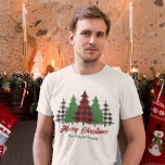 Rustic Red Plaid Merry Christmas Trees Custom T-Shirt<br><div class="desc">This custom rustic holiday t-shirt features trendy red plaid and green Christmas trees above your message Merry Christmas. A cute personalized and traditional look that is currently in style again,  this festive tee is perfect for a family reunion. Classic and nostalgic design.</div>