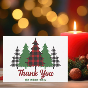 Rustic Red Plaid Merry Christmas Trees Custom Thank You Card