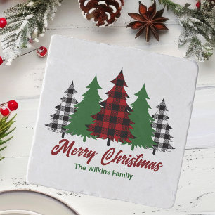 Rustic Red Plaid Merry Christmas Trees Custom Trivet