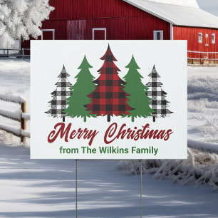 Rustic Red Plaid Merry Christmas Trees Custom Yard Sign