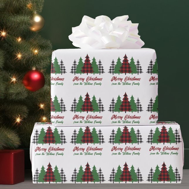 Rustic Red Plaid Merry Christmas Trees Customized Wrapping Paper (Creator Uploaded)
