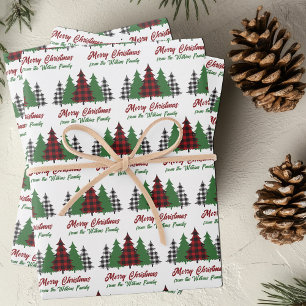 Rustic Red Plaid Merry Christmas Trees Customized Wrapping Paper Sheets