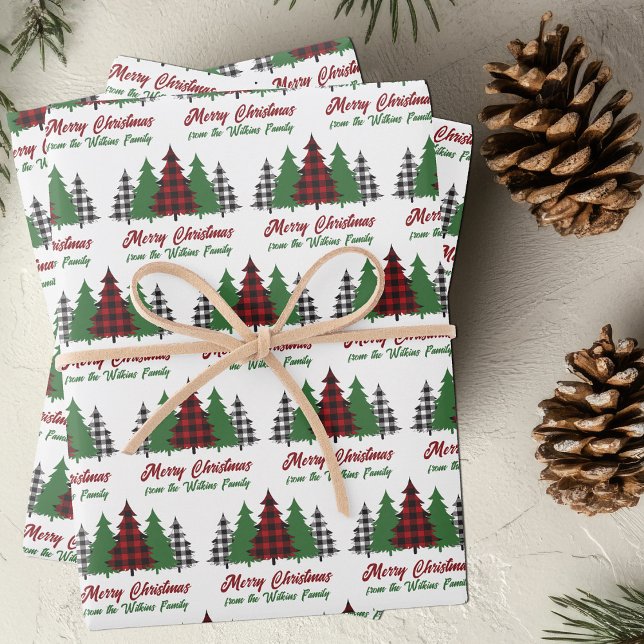 Rustic Red Plaid Merry Christmas Trees Customized Wrapping Paper Sheets (Creator Uploaded)