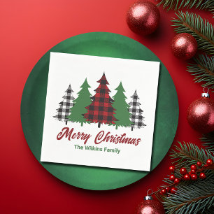 Rustic Red Plaid Merry Christmas Trees Party Napkins