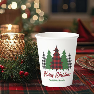 Rustic Red Plaid Merry Christmas Trees Party Paper Cups