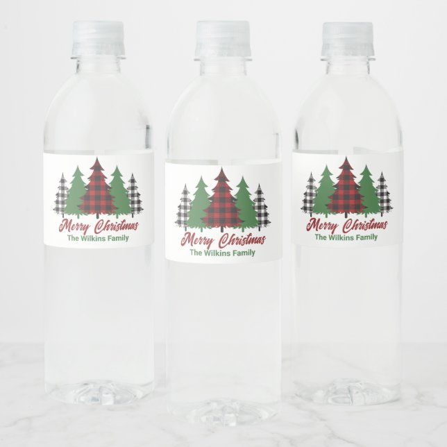 Rustic Red Plaid Merry Christmas Trees Party Water Bottle Label (Bottles)