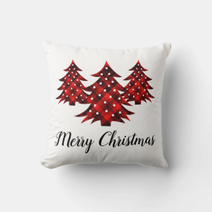 Rustic Red Plaid Merry Christmas Trees Throw Pillow