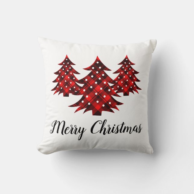 Rustic Red Plaid Merry Christmas Trees Throw Pillow (Front)