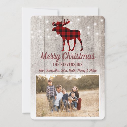 Rustic Red Plaid Moose String Lights Christmas Holiday Card