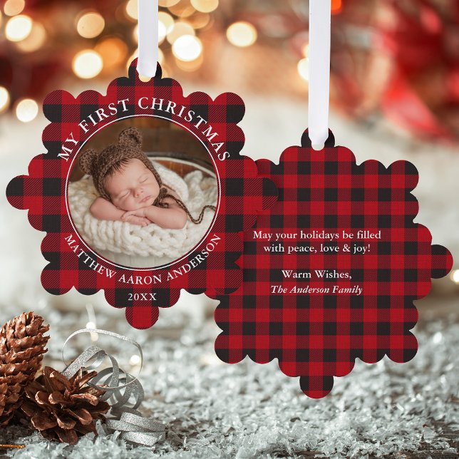 Rustic Red Plaid My First Christmas Photo Ornament Card (A greeting card that is also an ornament! Customize with your photo and personalized text.)