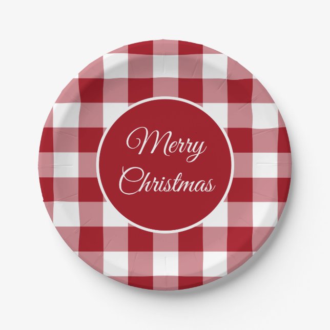 Rustic Red Plaid Pattern Christmas Paper Plates (Front)
