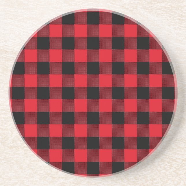 Rustic Red Plaid Pattern Holiday Drink Coaster (Front)