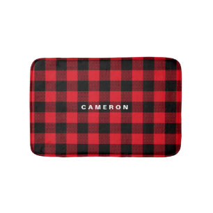 Rustic Red Plaid Pattern Holiday Personalized Bathroom Mat