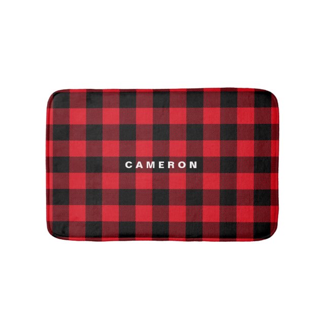 Rustic Red Plaid Pattern Holiday Personalized Bathroom Mat (Front)