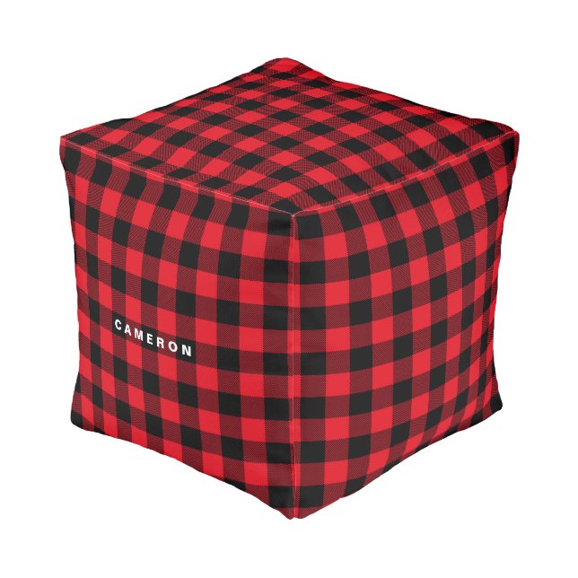 Rustic Red Plaid Pattern Holiday Personalized Pouf (Angled Front)