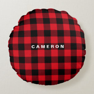 Rustic Red Plaid Pattern Holiday Personalized Round Pillow