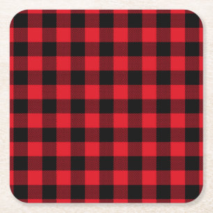 Rustic Red Plaid Pattern Holiday Square Paper Coaster