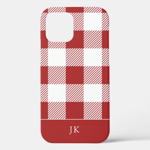 Rustic Red Plaid Pattern Monogram iPhone 12 Case