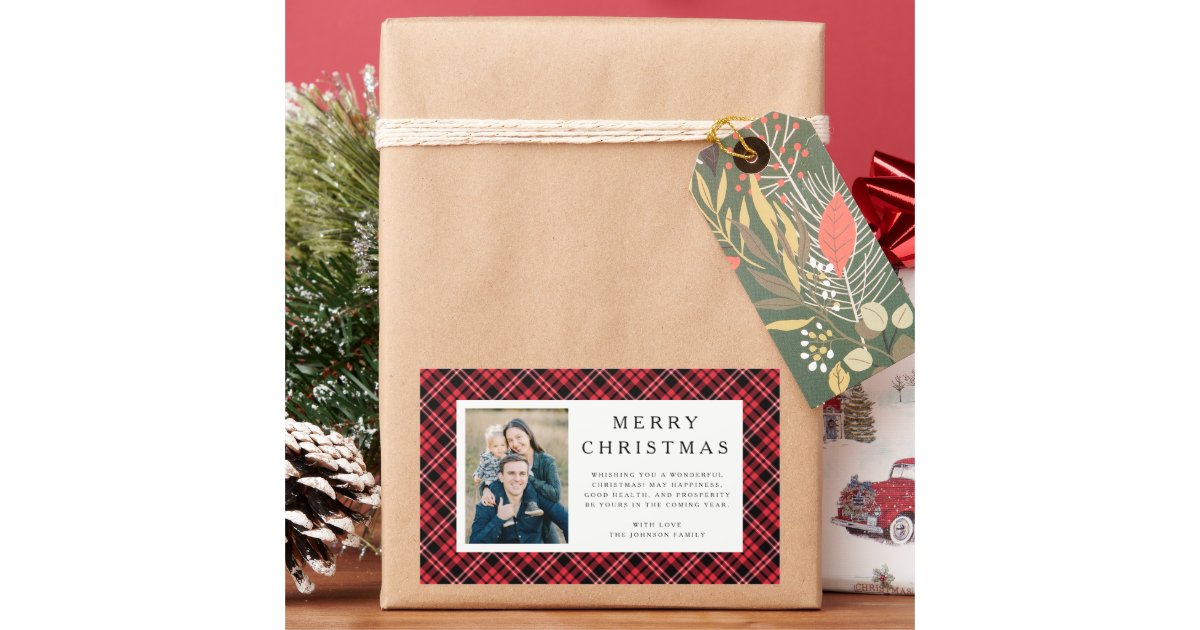Rustic Red Plaid Photo Christmas Rectangular Sticker | Zazzle