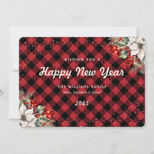 Rustic Red Plaid Snow Botanical New Year Card
